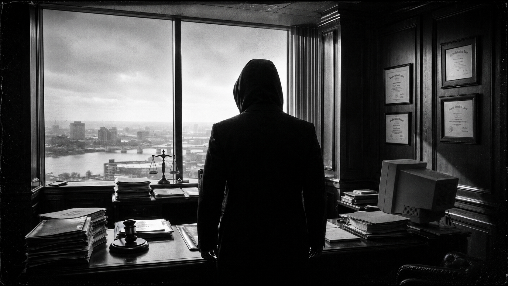 Lord C-Mane — hooded silhouette in high-rise office overlooking city at dusk
