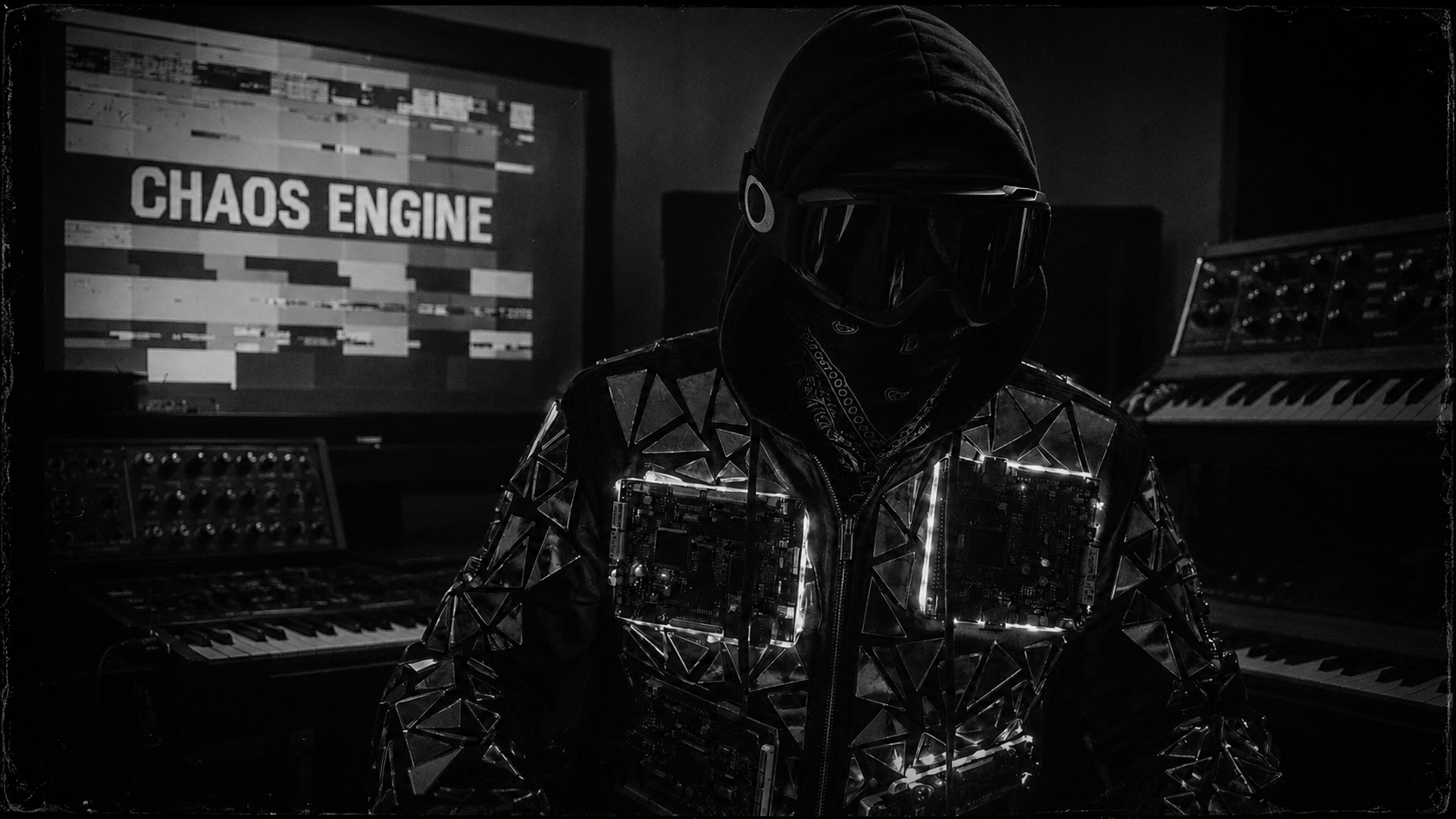 Gemini Tha Gemstone — figure in mirrored LED jacket in front of a CHAOS ENGINE screen