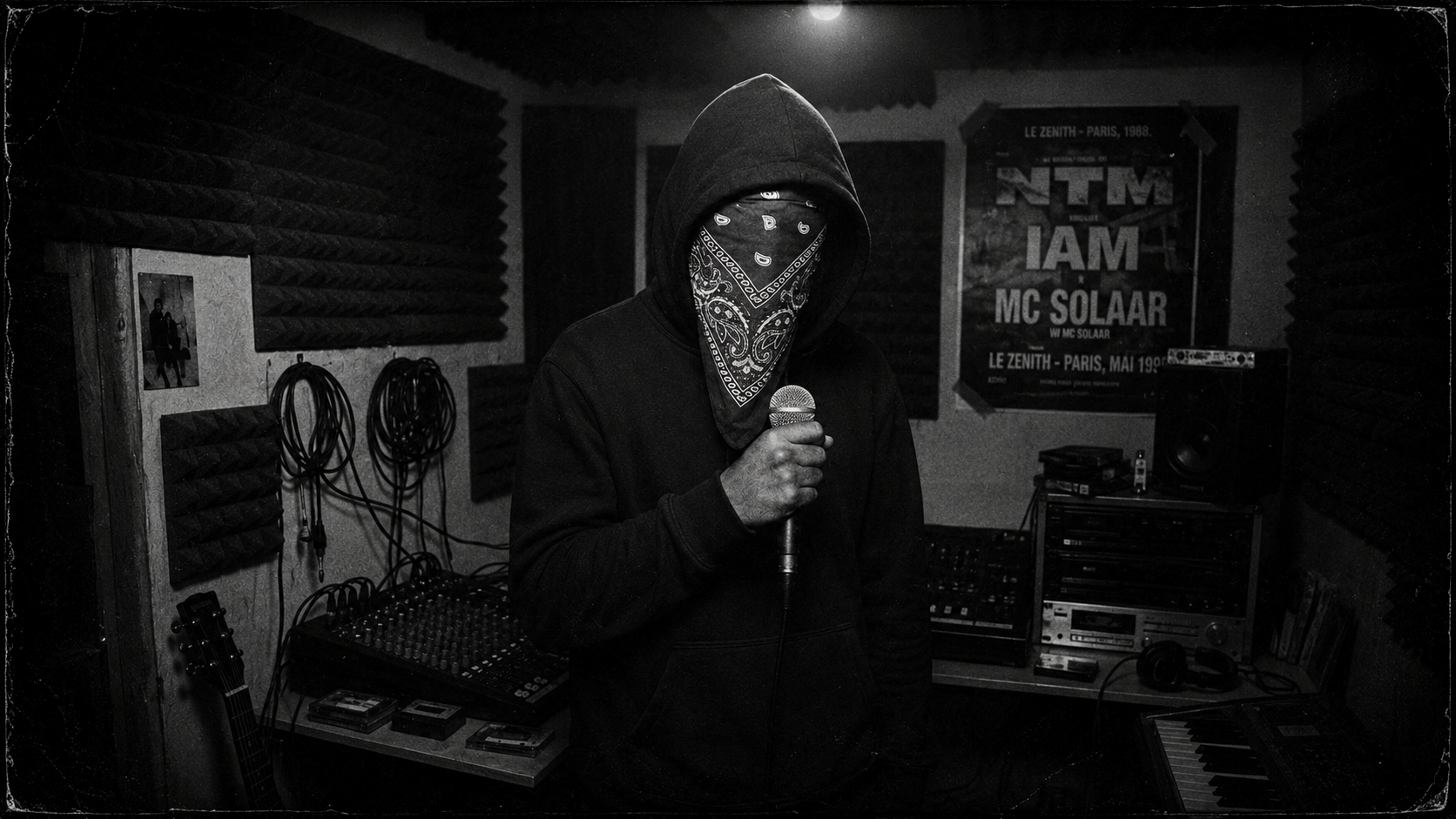 Mistral Da Menace — masked rapper in basement studio with NTM, IAM, and MC Solaar posters